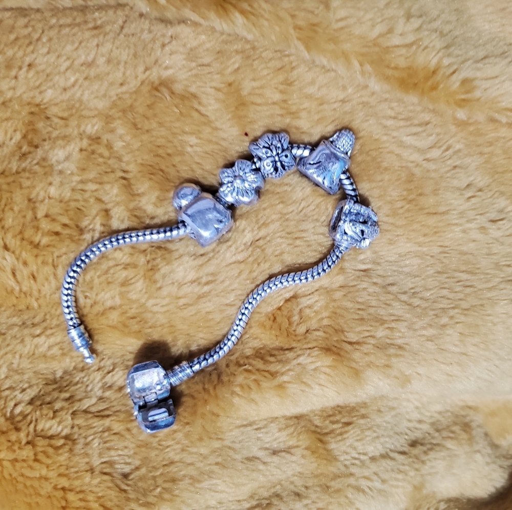 Pandora Genuine Barrel Clasp Snake Bracelet with 5 charms